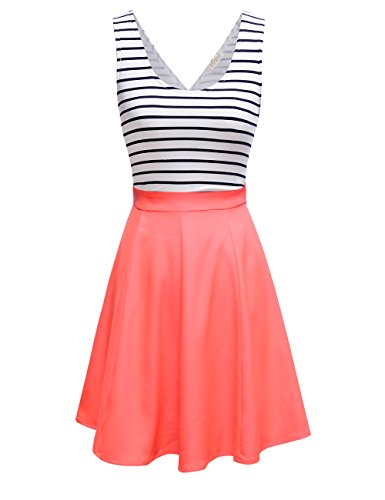 

FSOOG Women's Open Back Sleeveless Sexy Hollow Out Slim Fit Black White Stripe Casual Cocktail Cute Mini Swing Dress, Red