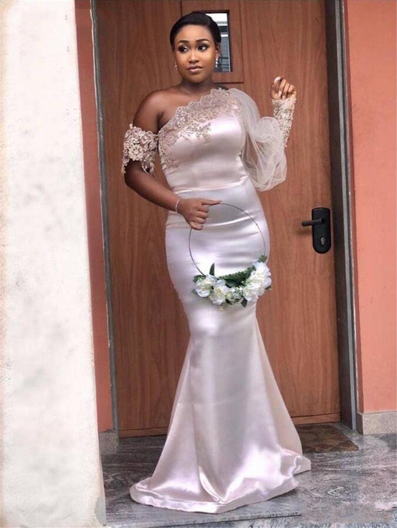 

2020 African Style One Shoulder Illusion Long Sleeve Lace Applique Satin Mermaid Bridesmaid Dresses Wedding Party Bridesmaid Gowns