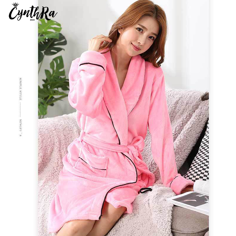 

CYNTHRA Women's Long Robe Sleepwear Autumn Solid Color Flannel Long-Sleeved Sexy Warm Comfort Soft Ladies Nightewear Bathrobe, Blue