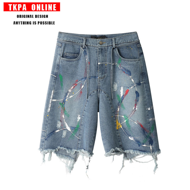 

Tkpa Europe and America high street dark graffiti printing burr denim shorts retro loose straight casual pants men, Black