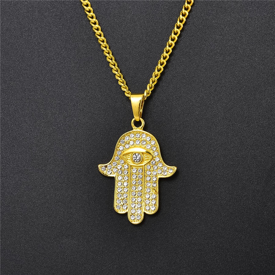 

Evil Palm Eye Gold Color Pendant Necklace Men Hip Hop Jewelry Unique Fashion Full Rhinestone Design 60cm Long Chains Punk Necklaces For Mens