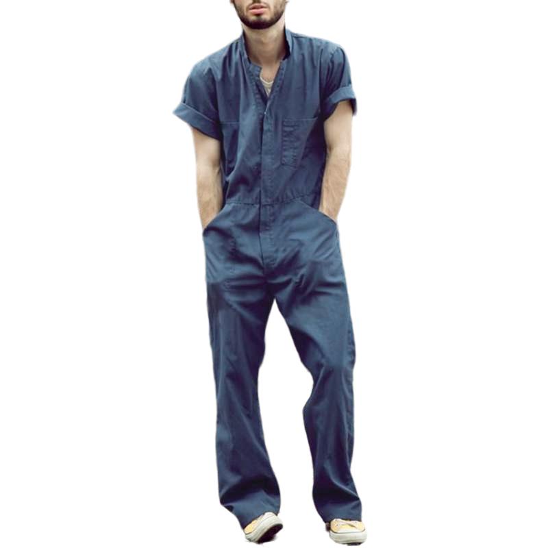 

Men´s Loose Jumpsuit Spring Summer Autumn Pants Front Pocket With Button Short Sleeve Solid Color Cargo Pants Plus Size, Blue