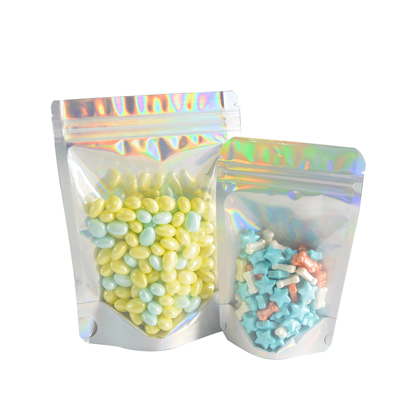 

50pcs/lot Laser Aluminum Foil Mylar bags Clear Hologram Rainbow Stand Up Plastic Packaging Bag with Tear Notch