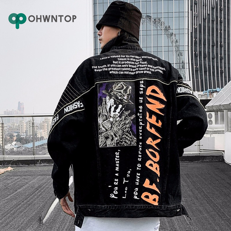 

Graffiti Print Locomotive Zipper Cardigan Denim Jackets Streetwear Hip Hop Casual Punk Rock Men Jeans Jacket Coats Hipster Tops, Black