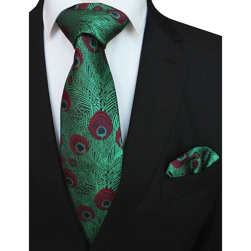 

RBOCOTT Peacock Feathers Pattern Necktie With Handkerchief Set For Men Men's Tie 8cm Pocket Square Red Blue Green For Wedding