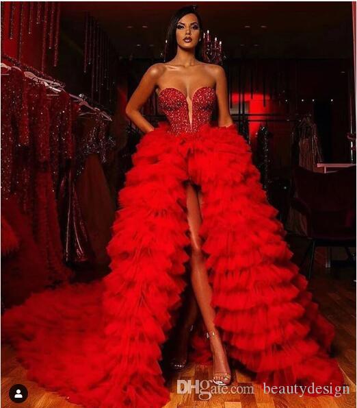 

Sexy Red Top Sequins Beads Bling Event Prom Dresses 2020 Front Split Tulle Evening Gowns With Puffy Tulle Skits Custom Made, Daffodil