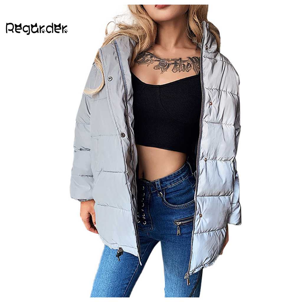 

Fashion Women Personality Reflective Windbreaker Loose Long Sleeved Jacket Outwear Overcoat Tops Warm Coat Clothes Plus Size#g3, Silver