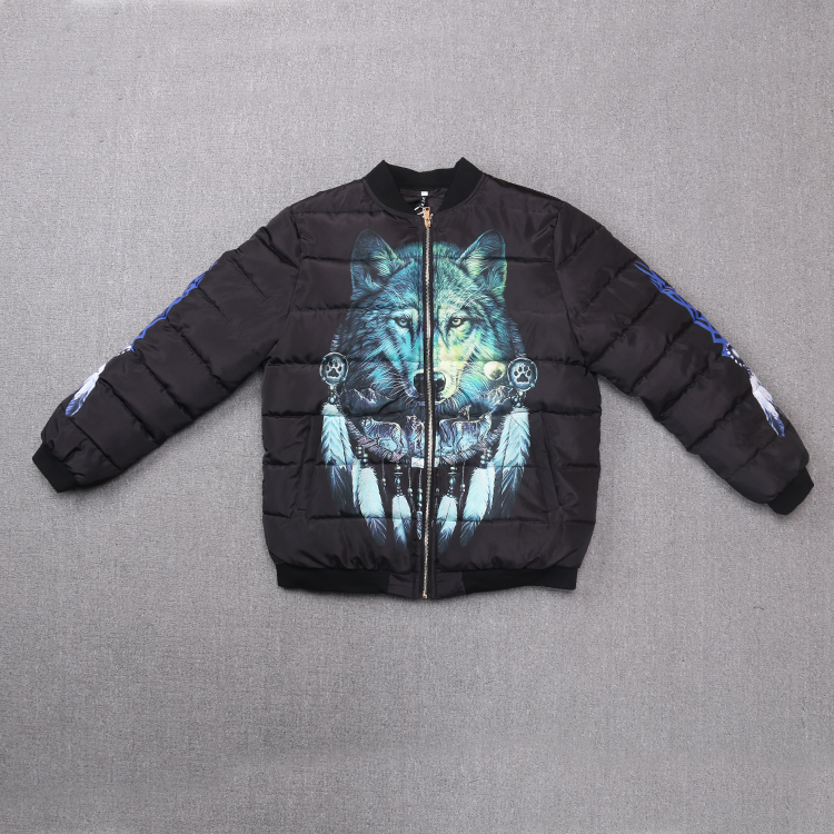 

2019 winter new casual fashion parkas clothing 3D digital printing animal wolf print winter jacket outerwear, Black