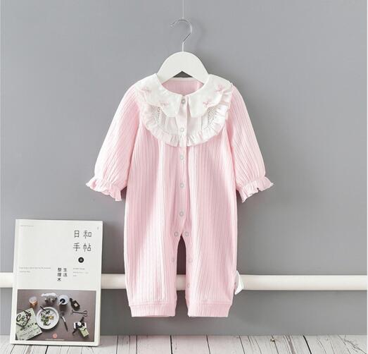 

INS Baby Girls clothes Romper 100% cotton Ruffles Collar Ruffles Design Pink Romper Spring Fall Boutique rompers 0-2T, As picture