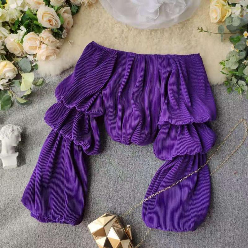 

[EWQ] 2020 Summer New Chiffon Fashion Long Pleated Lantern Sleeve Sexy Shirts Lady Solid Color Blouse Short Crop Tops MJ139, Black