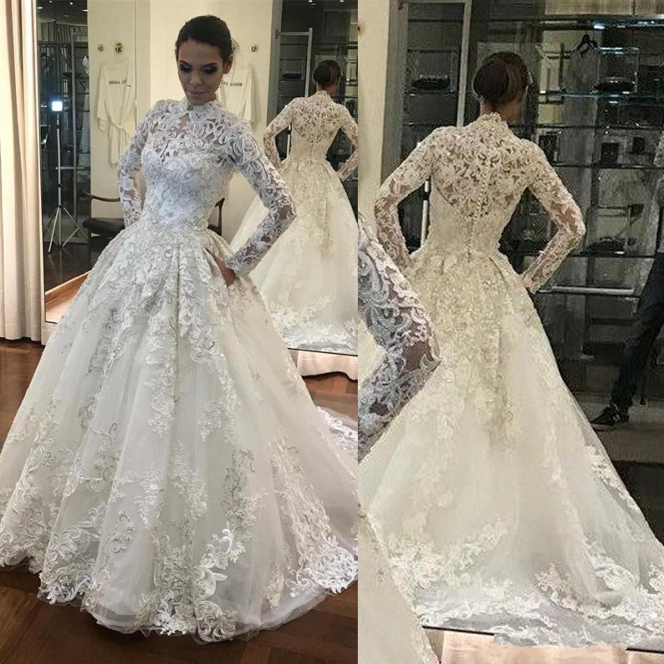 

Muslim Puffy Skirt Wedding Dresses 2020 Luxury 3D Floral Lace Applique Long Sleeve High Neck Covered Buttons Plus Size Bridal Wedding Gowns, Gold