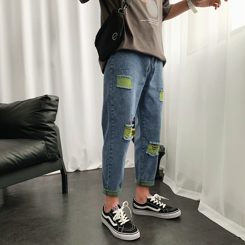 

Summer European And American Style Men' Jeans Ripped Pants Ruffian Handsome Street Style Loose Hip-hop Beggar Nine-point Pants, Blue