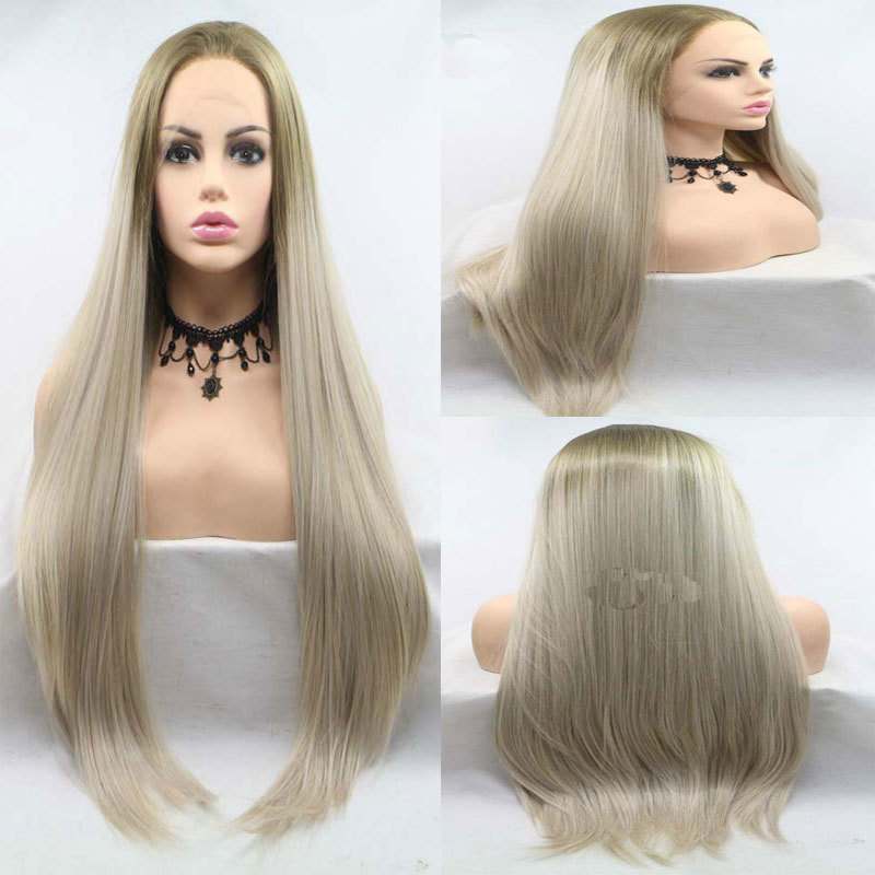 Dark Roots Ombre Platinum Blonde Straight Synthetic Lace Front Wig