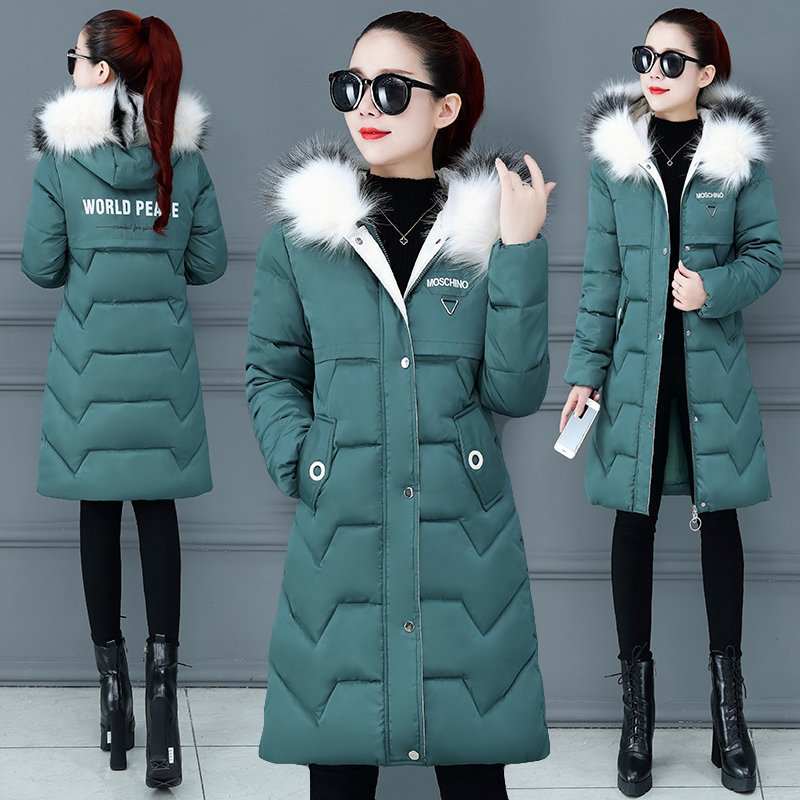 

Wholesale cotton women's long section new slim down jacket cotton large fur collar student jacket size S-XXL, Creamy-white