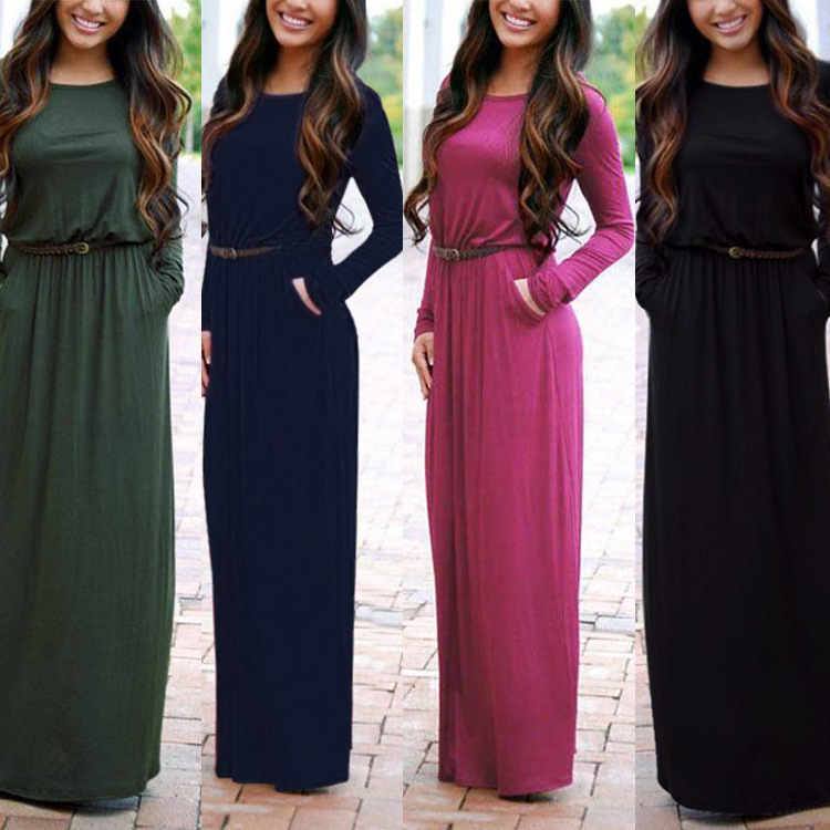 

Summer Clothes for Women Maxi Dresses Tall Long O-Neck Pocket Long Sleeve Slim Waist Belt Dress -XL 2020 Solid