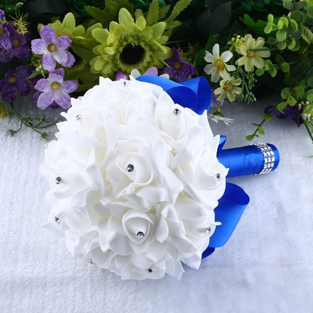

Crystal Rose Pearl Bridesmaid Wedding Bouquet Bridal Artificial Silk Flower Blue#30, Purple