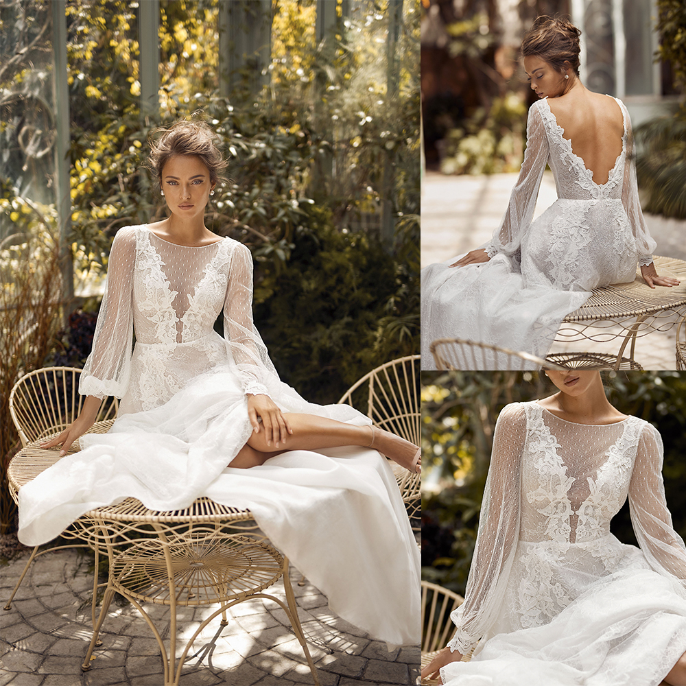 

2020 Bohemian Bridal Dresses Jewel Neck Appliqued Long Sleeves Wedding Dress Backless Ruffle Sweep Train Custom Made Robes De Mariée, Dark green