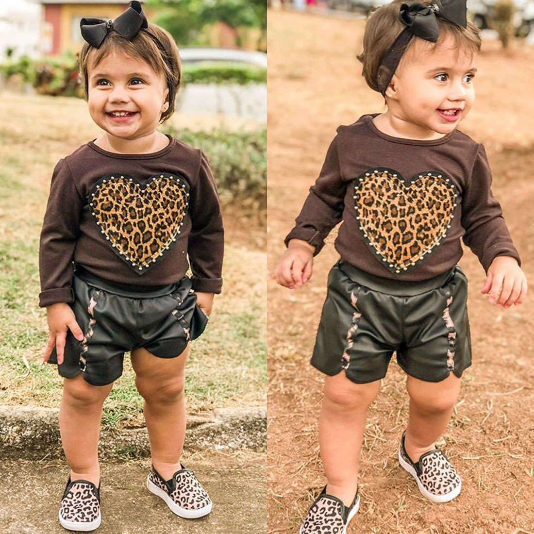 

2pcs Toddler Kids Baby Girl 1-7Y Tracksuit Clothes Leopard Print heart Long Sleeve Tops Sweatshirt leather Shorts Outfit Summer, Brown