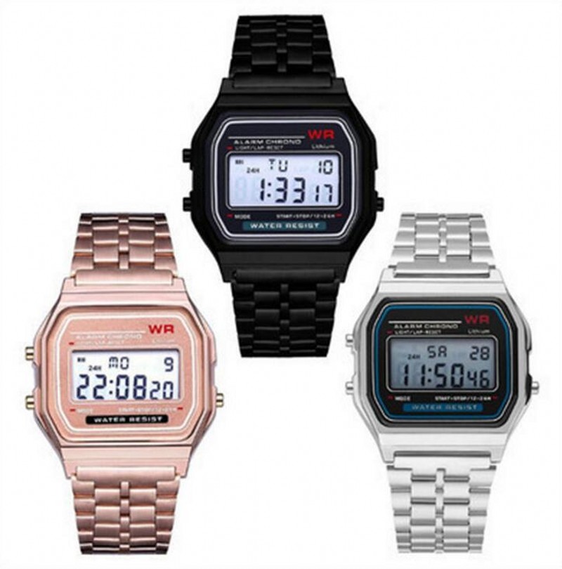 

4 Colors F-91W LED Watch Sports F-91W Steel Belt Ultra Thin Rose Gold Electronic F-91W Watches, Slivery;brown