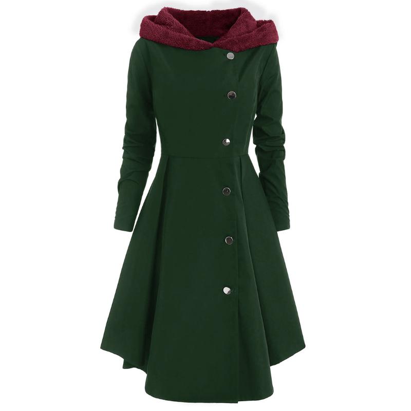 

Daily Thicken Soft High Waist Vintage Button Shopping Slim Warm Hooded Casual Long Solid Women Coat, Black blue