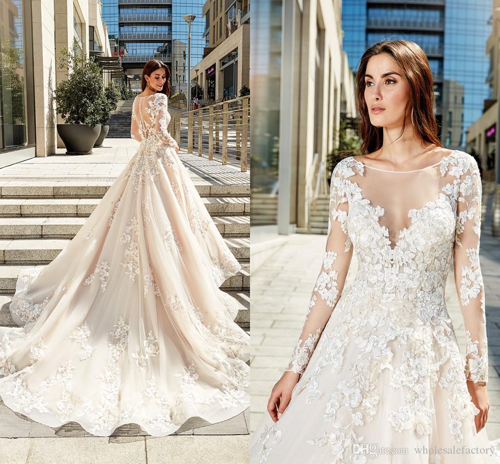 

2019 Modest Long Sleeves Lace A Line Wedding Dresses Scoop Neck Tulle Applique Sweep Train Wedding Bridal Gowns With Buttons, Ivory