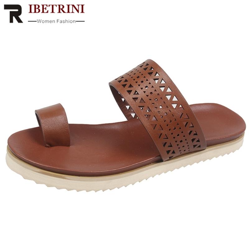 

RIBETRINI Hot Sale Western Concise Shoes Women Fashion Hollow Fretwork Slippers Summer Casual Low Heel Flip Flop, Black