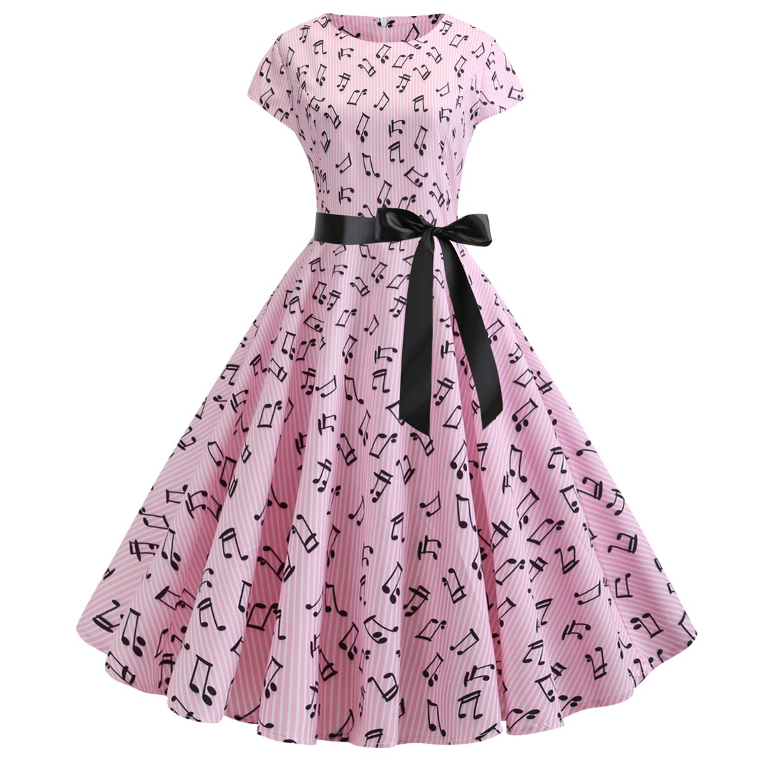 

Popular foreign trade Vintage Women's round neck sleeve sleeve notes printed Black Ribbon Dress so nice and sweat, Black;gray