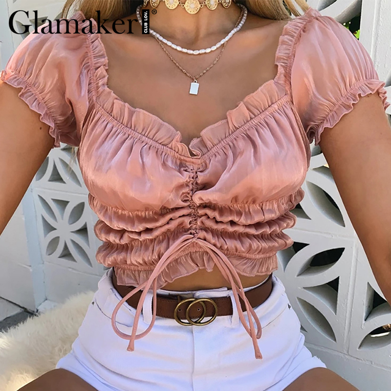

Glamaker Ruffle pleated off shoulder crop top Women fashion black summer tank top camisole Pink satin sexy cami female clothing