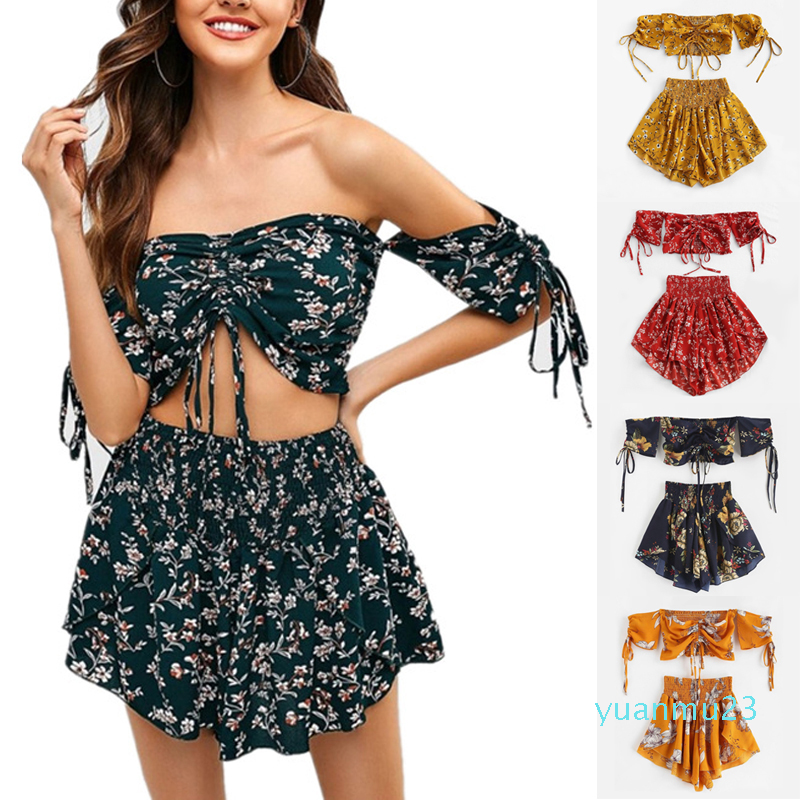 Wholesale-Summer Boho Floral Print Bikini Set Slash Neck Cropped Top+Elastic Shorts Beach Style Women Swimwear Bathing Suit Two Pieces Set