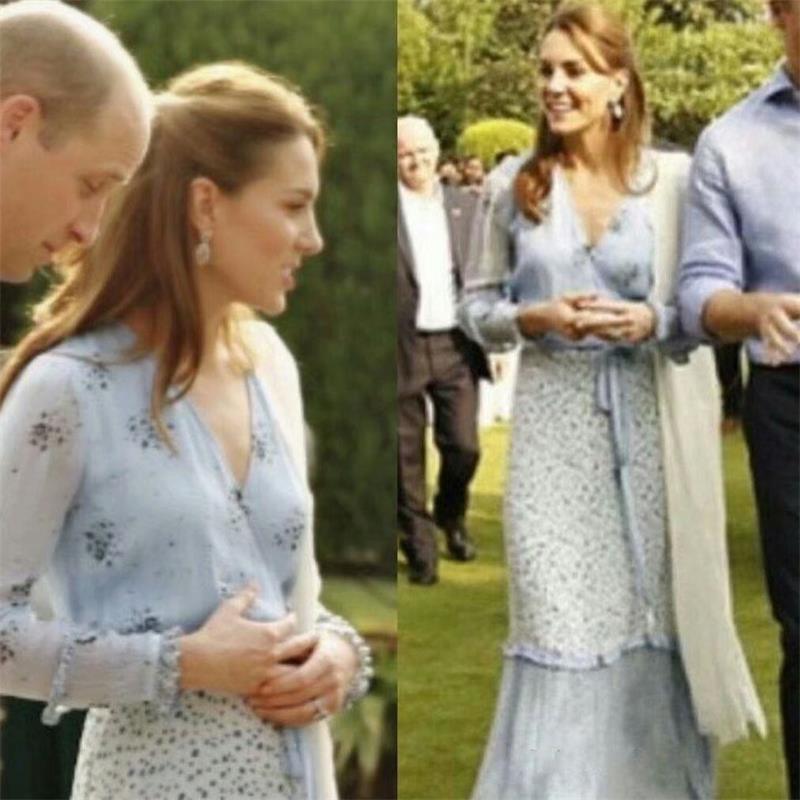 

Casual Dresses Princess Kate Middleton Dress 2021 High Quality Spring Summer V-Neck Long Sleeve Print Elegant Work Wear Clothes NP0874C, As pic