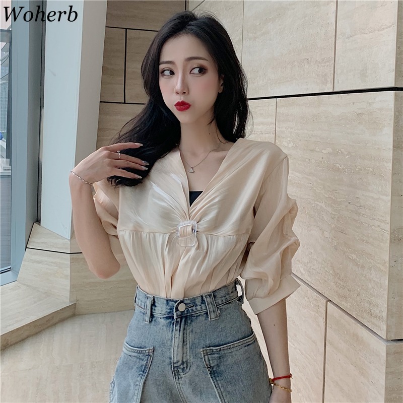 

Woherb Elegant Slik Blouse Women 2020 Spring Summer Bow V-Neck Detail Blouses Office Ladies Workwear Top Korean Fashion Blusas, White