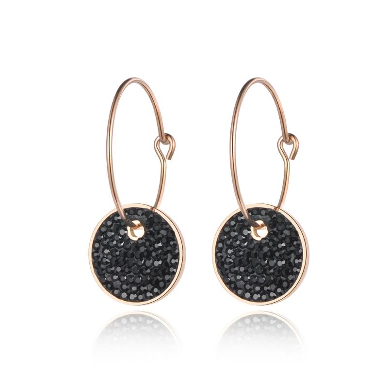 

Stainless Steel Hoop Earrings White & Black Round Clay Crystals Rose Gold Color Party Jewelry Wedding Gift JE18459