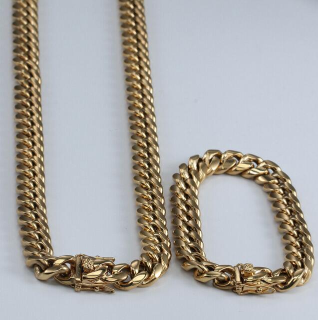 

14K Gold Plated Men's Miami Cuban Link Bracelet&Chain Set Stainless Steel 14mm, Silver