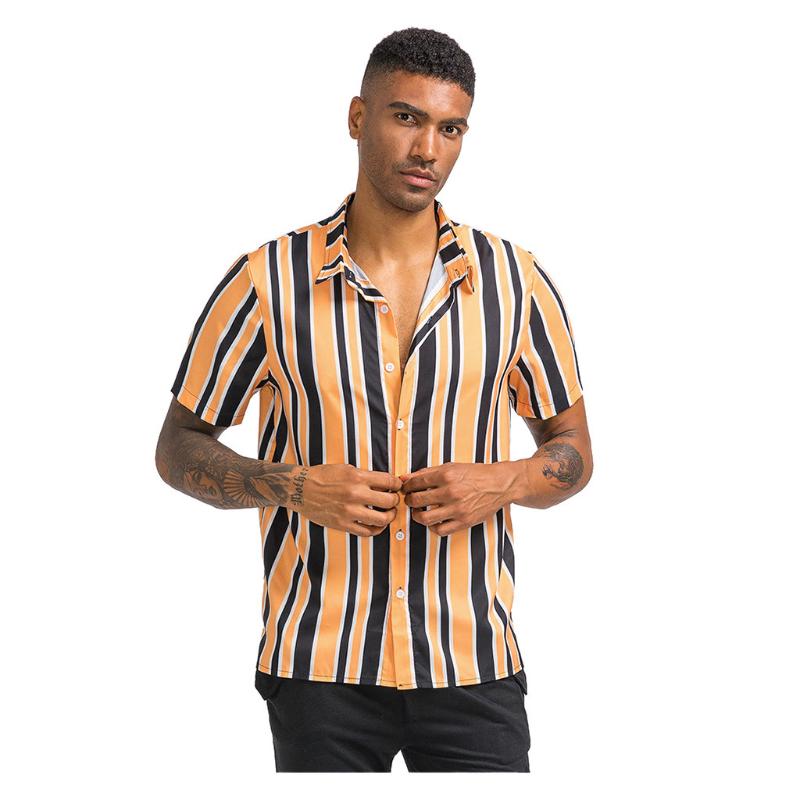 

Men's Beach Shirt Male Casual Short-Sleeve Striped Printing Large Size S-3XL Casual Shirts camisa masculina Top Blouse, As pic