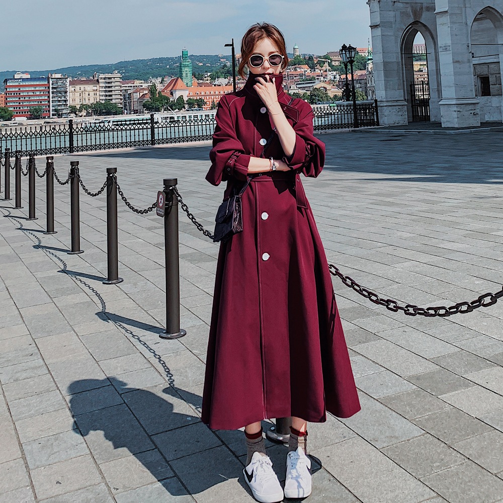 

Women's retro Casual Dresses Fashionable chic style ankle-length long coat skirt spring British genre waist tie windbreaker lapel single-breasted maxiskit, Wine red