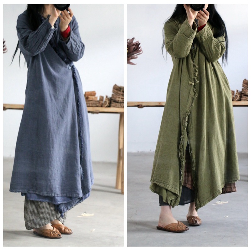 

Cotton Linen Women Trench Vintage Long Sleeve 2019 Big Size Irregular Autumn Winter Loose Casual Women Long Coat YoYiKamomo, Blue