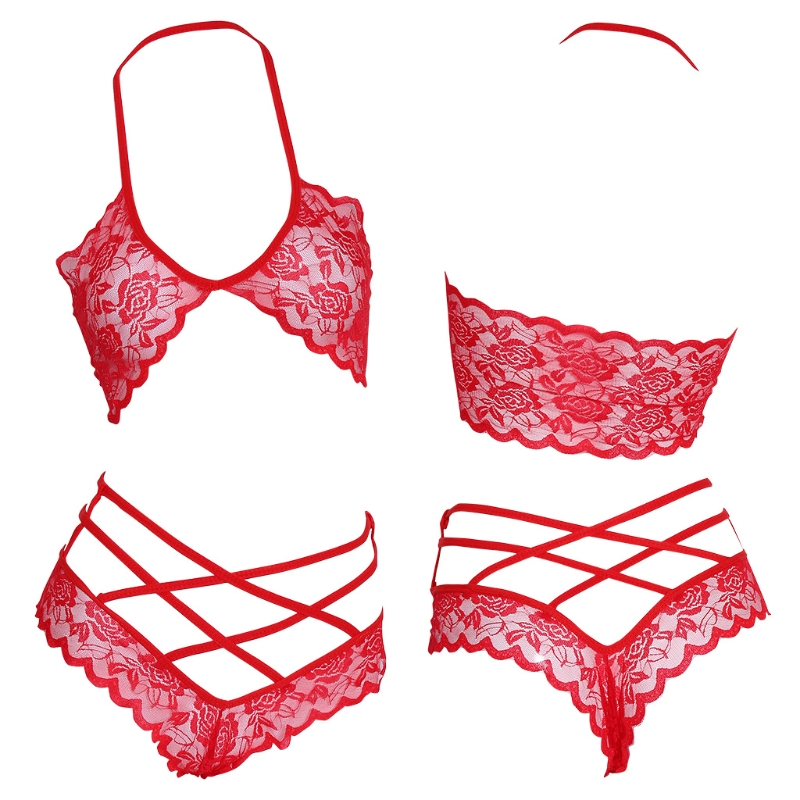 

New Bra Panty Set For Women Sexy Hollow Out Lace Top Bra + Cross Panty Underwear Erotic Lingerie Set, Black
