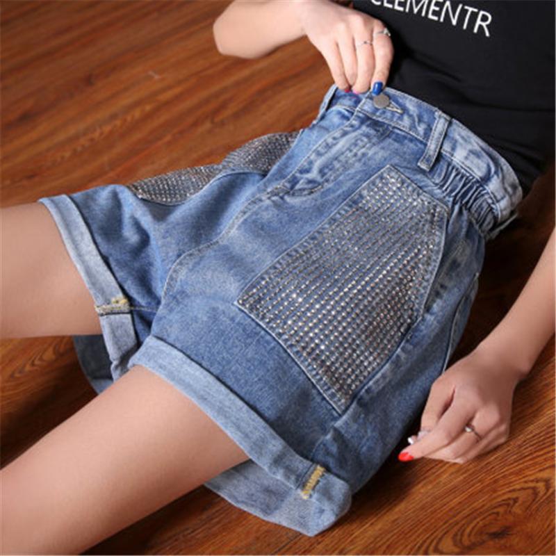

Woman Denim Shorts High Waist Wide-leg Loose Jeans Short 2020 Fashion Korean Style Solid Sequined Elastic Waist Female Shorts, Blue