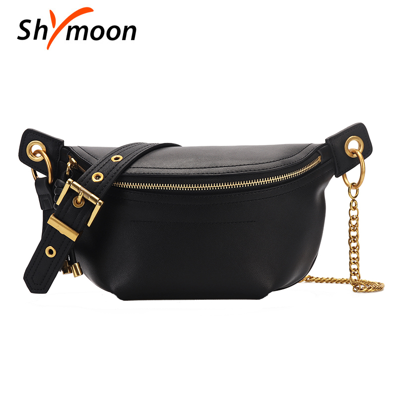 

SHYMOON Genuine Leather Women Waist Bags Waist Packs Fashion Chest Bag Shoulder Bags Fanny Pack belt, Black
