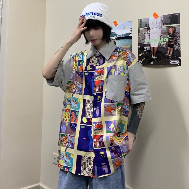 

hip hop tiktok short sleeve Turn-down Collar blouse women vintage korean fashion clothing 2020 summer top plus size tops shirts, Image