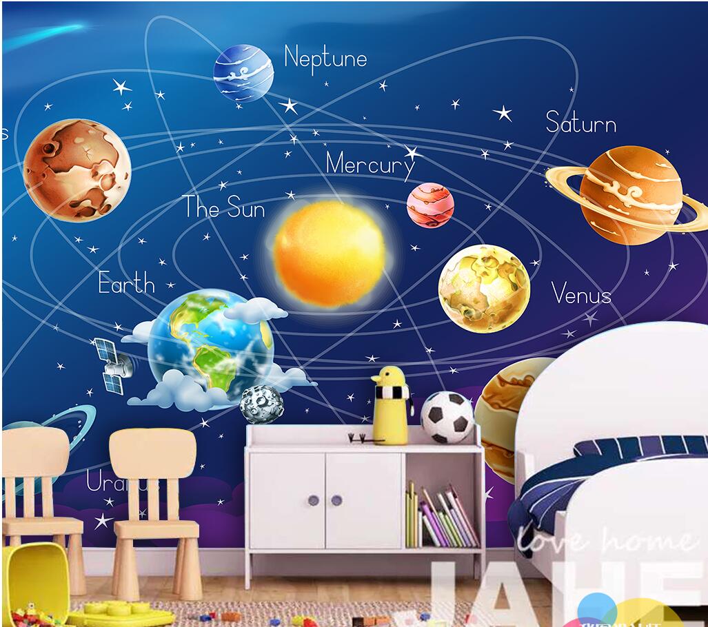 

WDBH 3d wallpaper custom photo Blue cosmic starry cartoon solar system earth planet room Home decor 3d wall murals wallpaper for walls 3 d, Non-woven