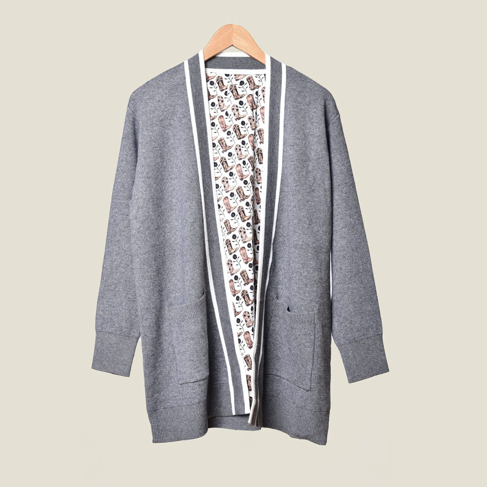 

2019 Fall Autumn Grey Long Sleeve V Neck Floral Woolen Knitted Panelled Cardigans Sweater Sweaters Women Fashion Outwear Coats O1021082S, Gray