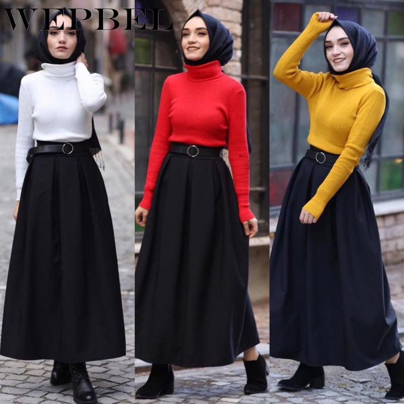 

WEPBEL Sweater Muslim Girl Solid Color Full Sleeve Fashion Women's Turtleneck Bottoming Turkey Sweater, Black