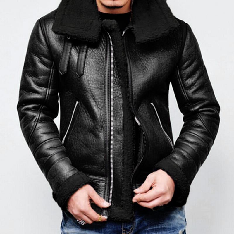 

Men Winter Leather Jacket Highneck Warm Fur Liner Lapel Leather Zipper Outwear Coat Thick Warm Jacket Veste Cuir Homme, Bk