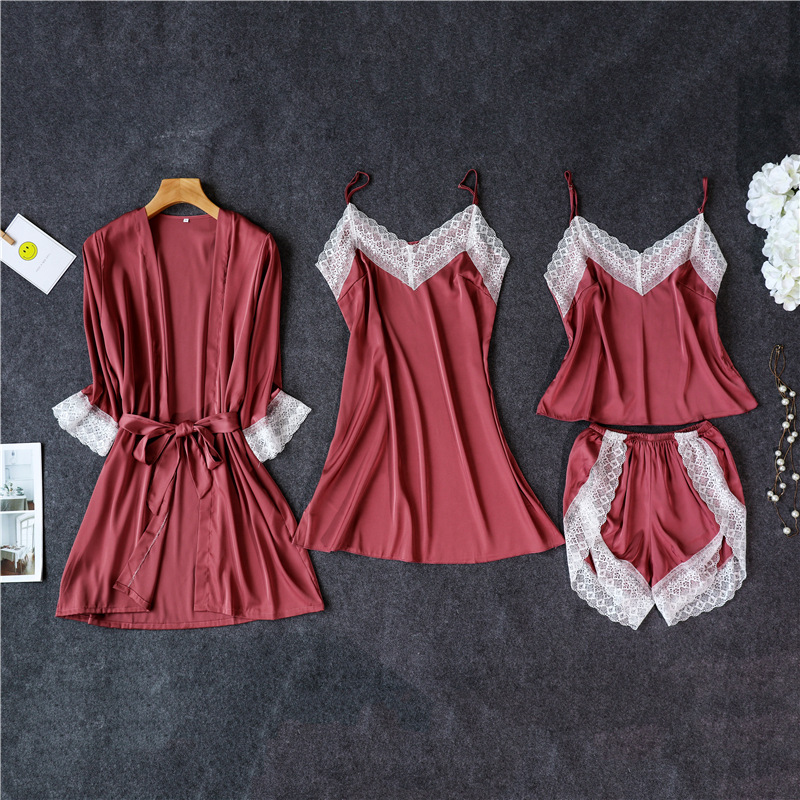 

Sexy Sleepwear For Women Summer Thin Section Satin Suspenders Shorts Four-Piece Lace-Edged Sexy Home Clothes Lounge Bathrobe, Red