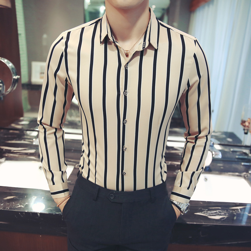 

Classic Striped Shirt Casual Slim Fit Long Sleeve Formal Business Dress Shirts Streetwear Social Night Club Party Men Clothes, Black