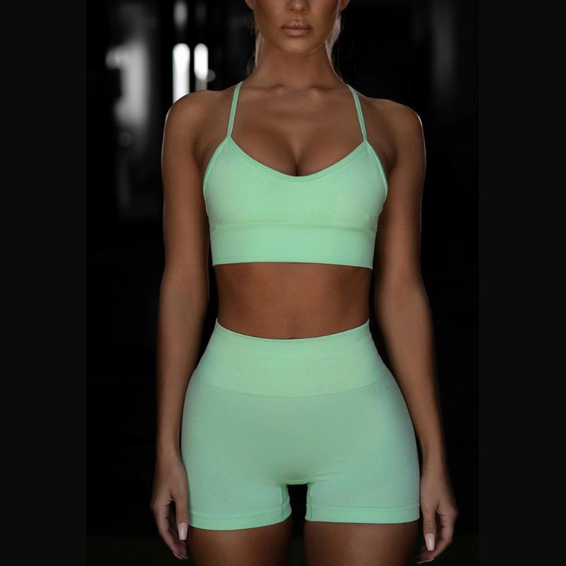 

2020 New Seamless Yoga Set Women Fitness Sports Suit Sexy Running Shorts and Crop Top Set Woman short leggings Bra Suit, Gray