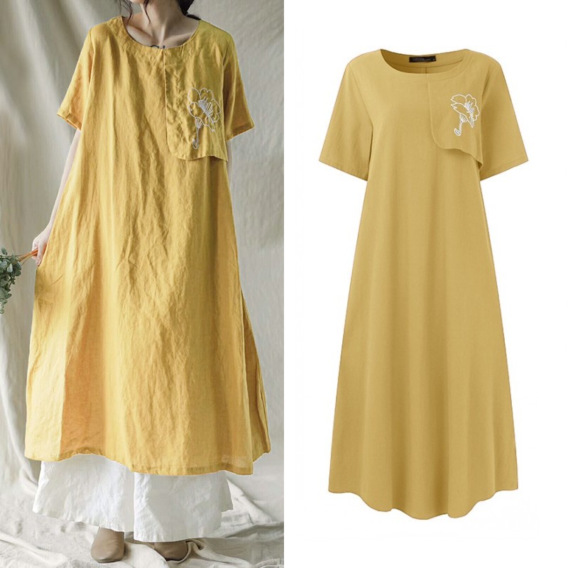 

ZANZEA 2020 Vintage Mid-Claf Dress Women' Summer Sundress Short Sleeve Embroiderey Vestidos Female Casual Robe Plus Size 5XL, Red