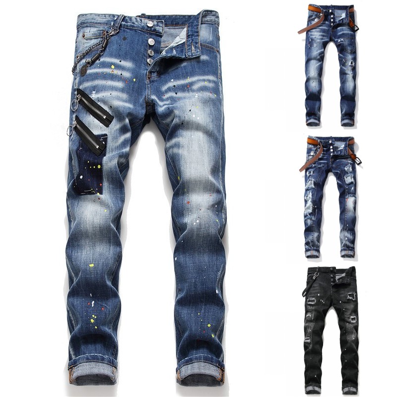 

2020 Mens Distressed Rips Stretch Black Blue Jeans Fashion Slim Fit Washed Motocycle Denim Pants Panelled Hip HOP Trousers T1059, T1001