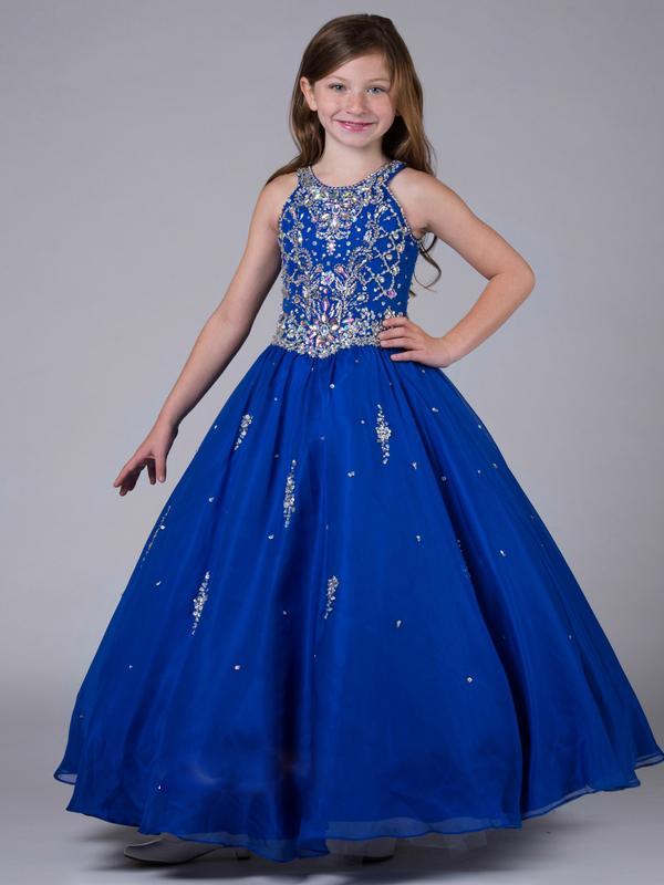 

Royal Blue Girl's Pagent Dresses Grils Halter Ball Gown Organza Crystal Beaded Little Kids Dresses Sparkly Flower Girl's Dress Custom made, Same as image